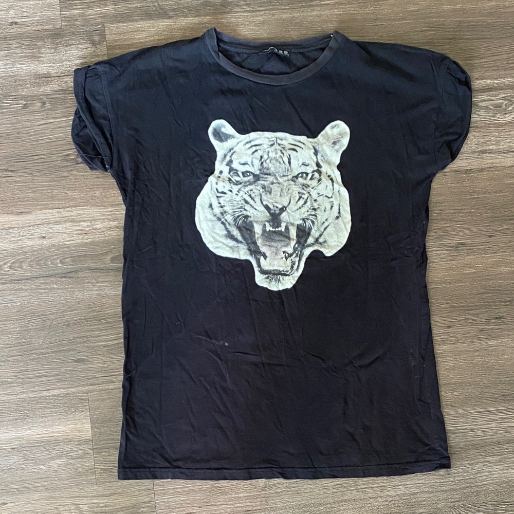 Primark Black Tee with Fierce Tiger Graphic